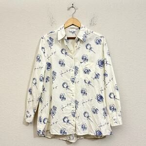 WEWOREWHAT Linen Dad Shirt Ivory Floral Button Up Oversized Beach